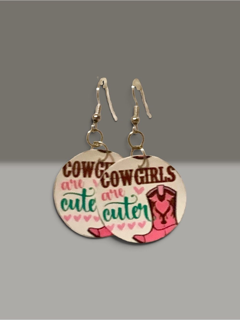 Cowgirls Are Cuter Pink and Teal Round Dangle Faux Leather Earrings Handmade